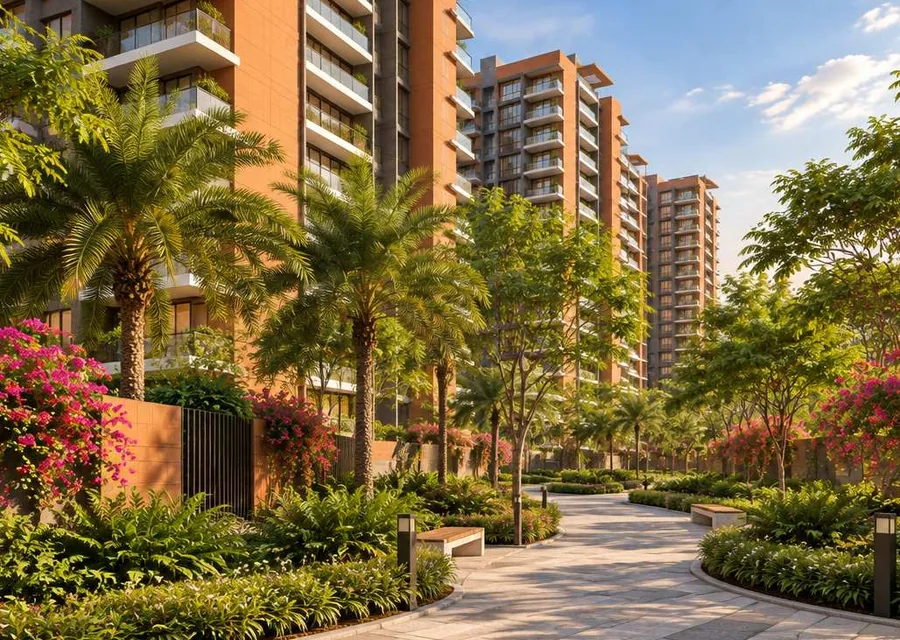Landscaped garden walkway between the towers