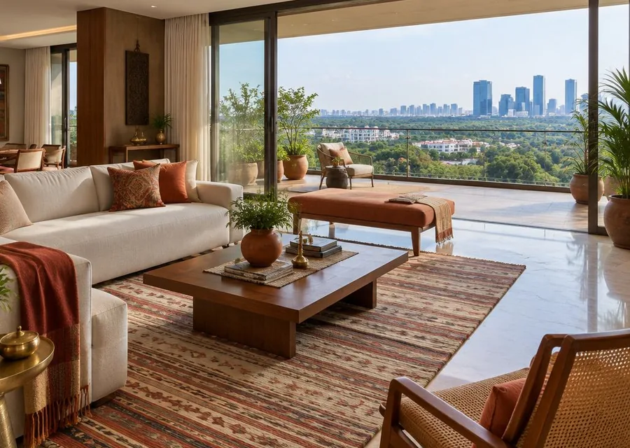 Living room opening onto a balcony with a view